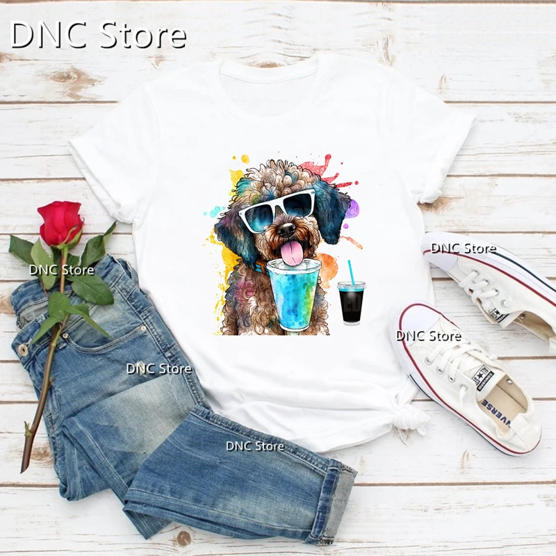 

Funny Doodle Dog Watercolor Color Drink Cut Dog Animal Print Women Tshirt Summer Harajuku Shirt Fashion Femme T-Shirt O-Neck Tee