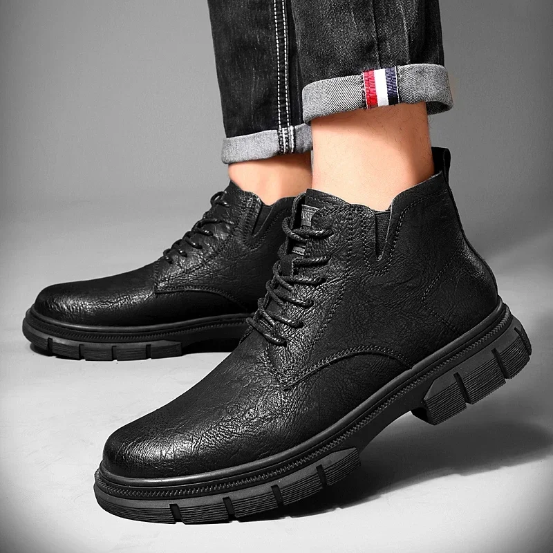 

Мужские ботинки на шнуровке, черные однотонные водонепроницаемые ботинки с круглым носком, на платформе, большие размеры, зима 2023