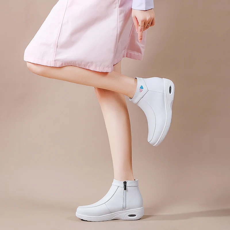 YISHEN Leather Ankle Boots For Women Nurse Shoes Comfortable Zip