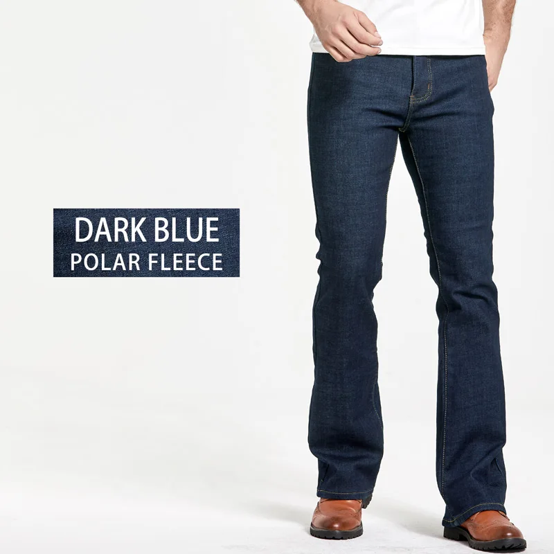 Mens Winter Stretch Denim Jeans Thicken Warm Pants Slim Slightly Flare Trousers Boot Cut Fit Polar Fleece Jeans 3