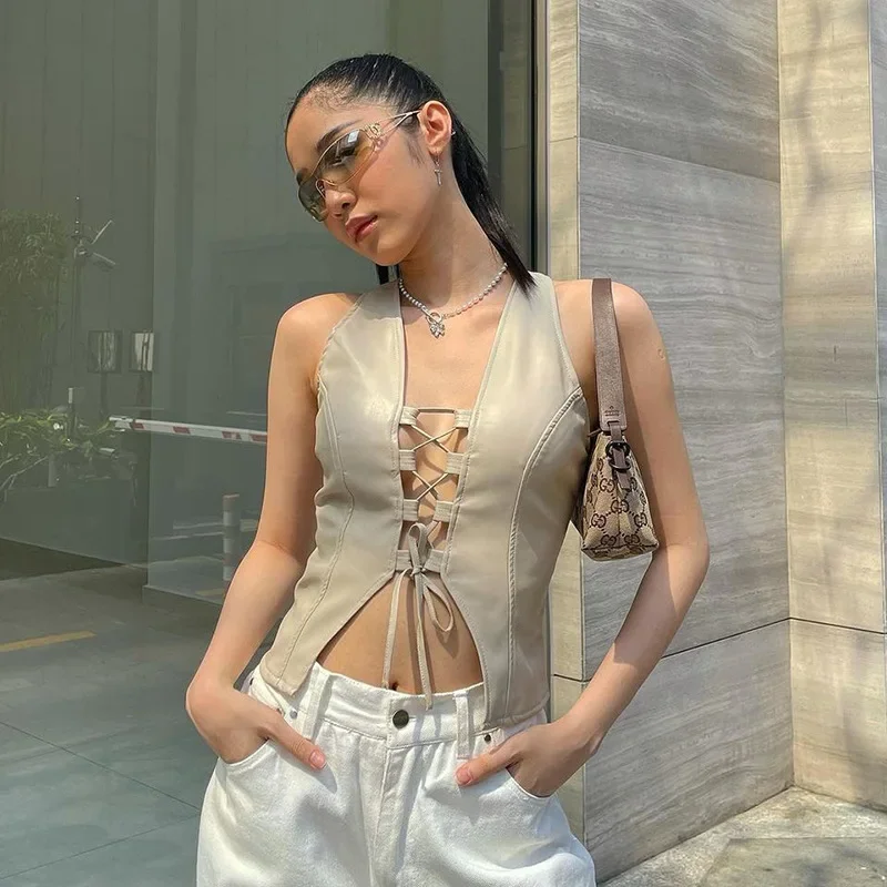 

2023 New Y2K Streetwear Lace-Up PU Leather Vests Vintage Fashion V-neck Hollow Out Slit Sleeveless Crop Tops Summer Casual