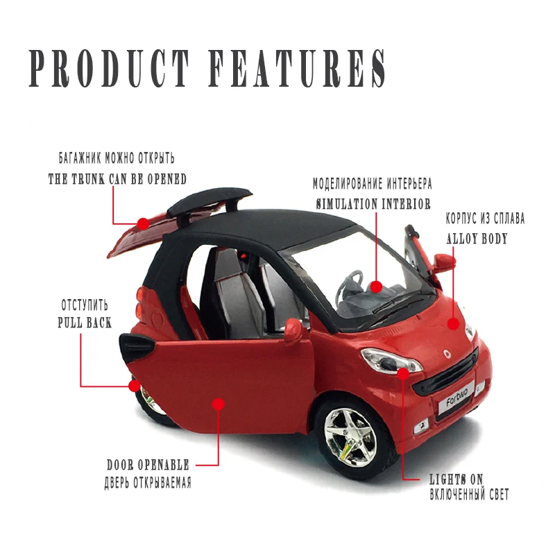 시뮬레이션 벤츠 스마트 합금 모델 자동차 금속 당겨 뒷문 개방형 소리와 빛 장난감 어린이 다이 캐스트 장난감 자동차 소년을위한 선물