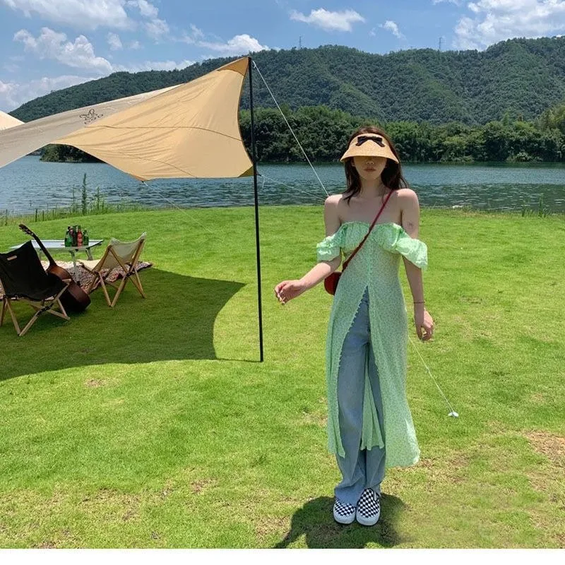 

French Green Fragmented Flower One Shoulder Dress 2024 Summer New Design Sense Fashion Versatile Square Neck Long Dresses