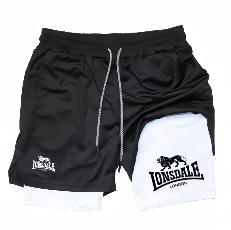 Pantalones cortos estampados 2 en 1 para correr para hombre, pantalones cortos de compresión para entrenamiento en gimnasio con bolsillo para teléfono, toalla, ropa deportiva atlética para verano
