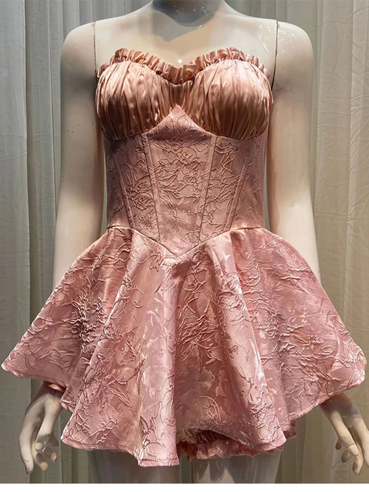 

2023 Women Sleeveless Off Shoulder Sweet Mini Dress Corset Boning Lace Jacquard Slim Fit Pink Sexy Strapless Summer Dress