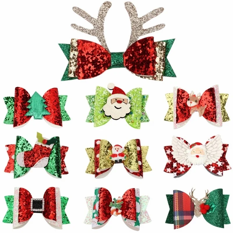 

3" Christmas Glitter Bow Hair Clip For Children Cartoon Hairpins Baby Snowman Barrettes Ornament Hairgrip Party Hair Accessoires