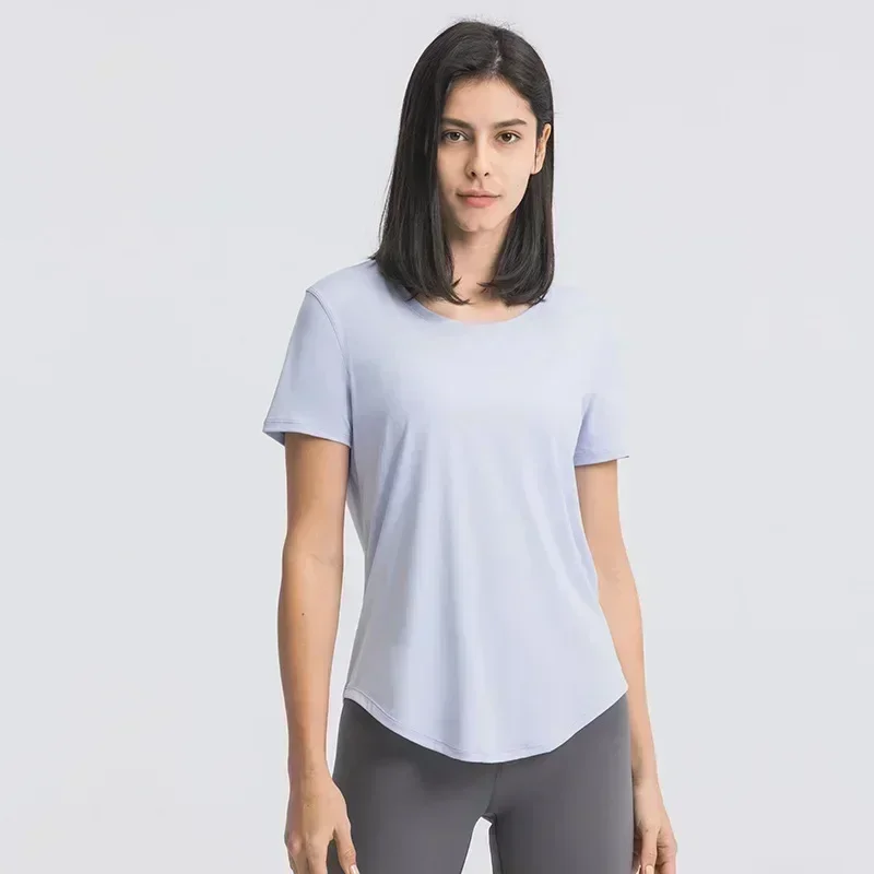 Lemon Women Yoga Short Sleeve Breathable Running Sports Top Curved Hem Casual T-shirt Elastic Speed Dry Fitness Clothing