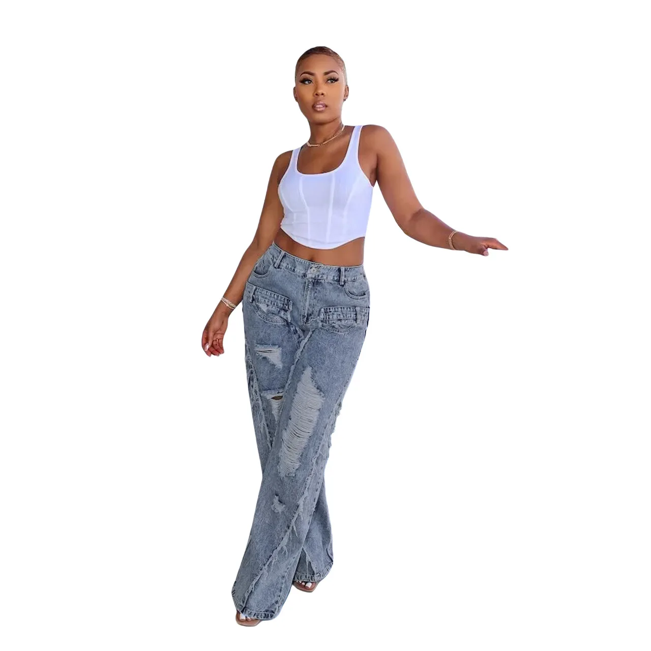 

Hole Design Casual Jeans Women Y2k Streetwear 2024Autumn Fashion Light Blue Button Fly Straight Leg Denim Pants