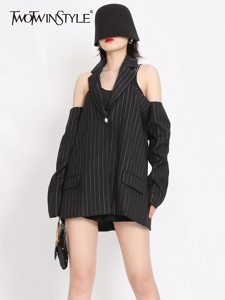 

TWOTWINSTYLE Striped Designer Coats For Women Notched Collar Long Sleeve Backless Patchwork Pocket Chic Blazers Female Fashion