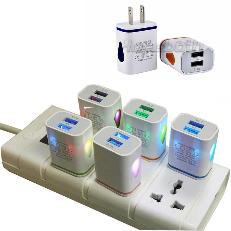 

200Pcs Dual USB LED Wall Charger 2 Ports 2A Output Travel AC Power Adapter For iPhone Samsung Xiaomi EU/US Plug Phone Chargers