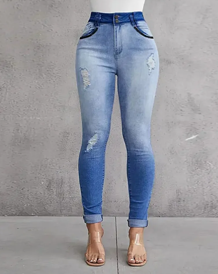Retro Style Summer Women's Fashionable New Zipper Hole Tight Jeans Fashion Women's Gradient Casual Elegant Tight Jeans