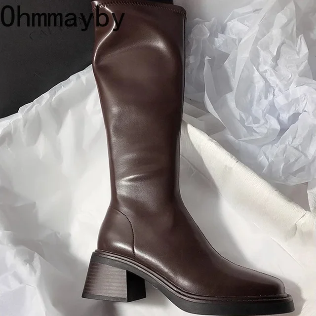Vintage Thick Heel Women Knee High Boots Fashion Side Zippers Shoes Autumn Winter Ladies Concise Long Botas De Mujer 6