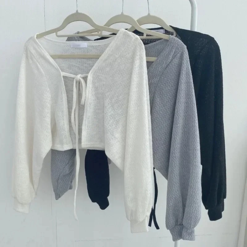 Thin White Cardigan Women Summer Sunscreen Lace-up Knitwear Tops Lady Korean Style Casual Lantern Sleeve Short Sun Protected Top 6