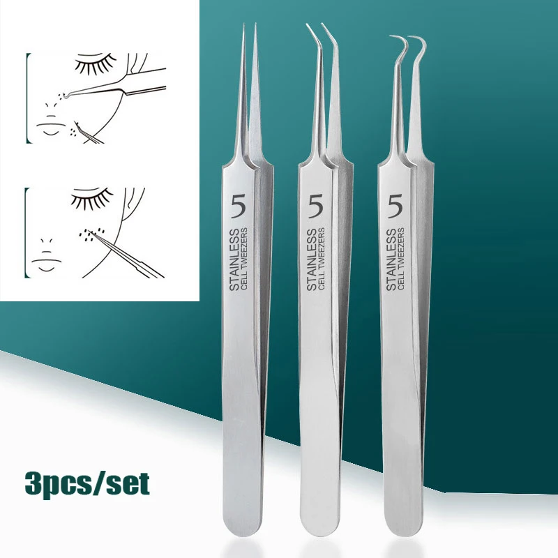 

3pcs/set Stainless Steel Cell Pimple Blackhead Clip Tweezer Beauty Salon Skin Care Blemish Closed Acne Needle Comedone Extractor