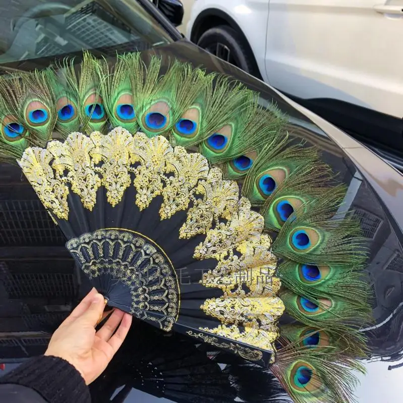 Victorian Gothic Folding Fan with Peacock Feathers and Roses for Photo Props Lolita Fashion Wedding Decor Halloween Costume