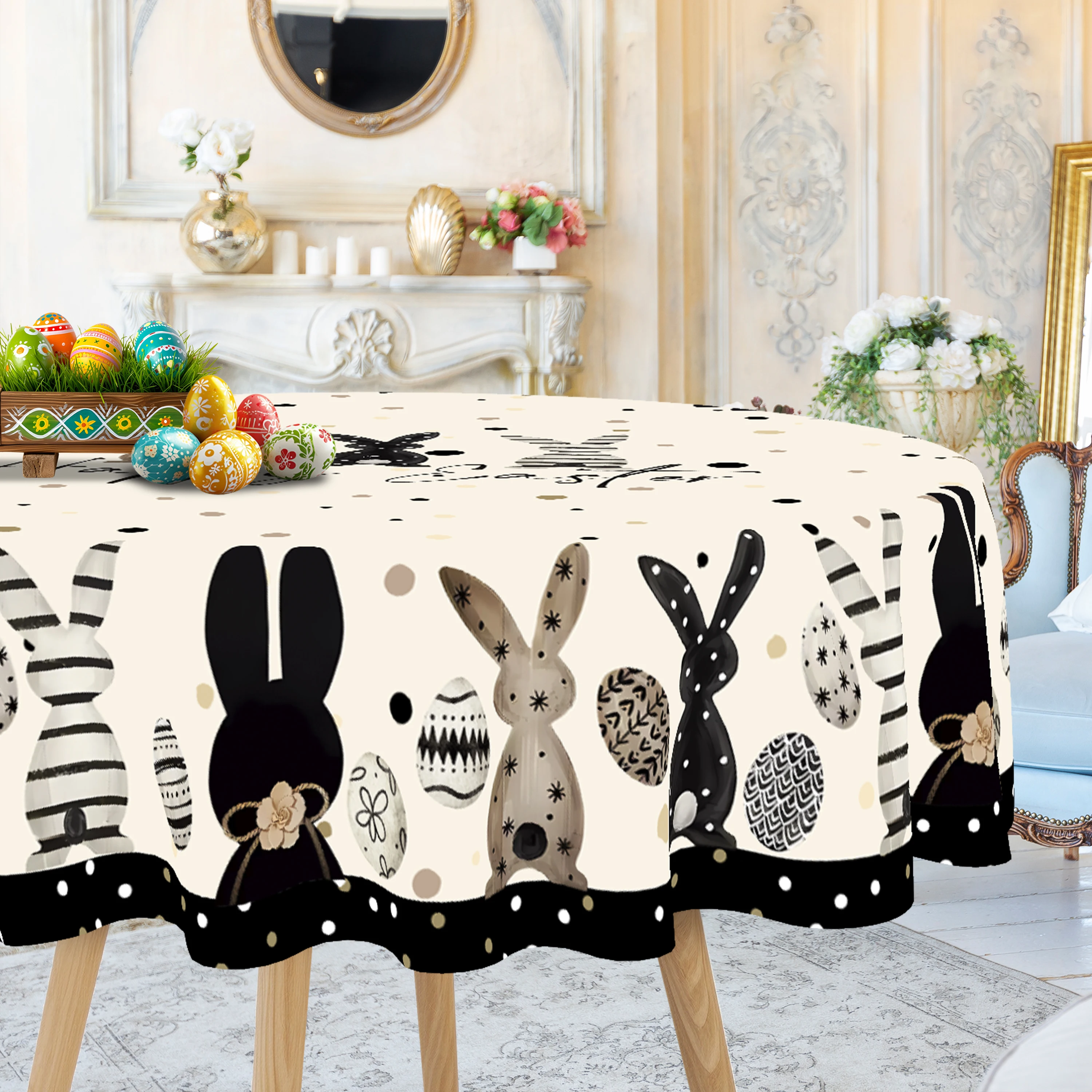 1pc Easter Bunny & Egg Print Tablecloth Polyester Woven Round Table Cover Animal Pattern with Floral Bow Machine Made table cloth
