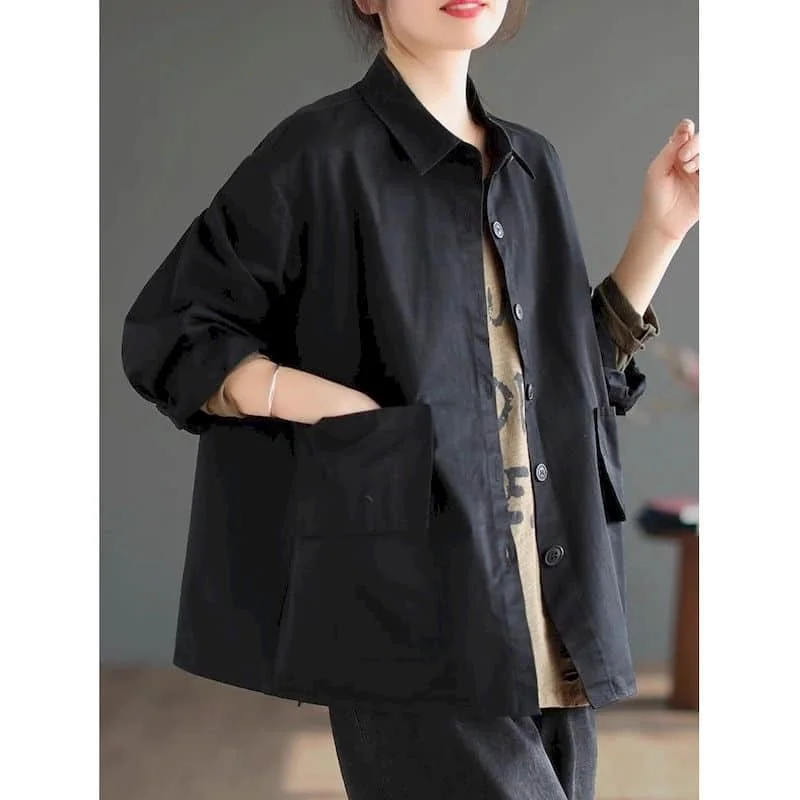 thumbnail image 1 of Chaquetas para mujer, estilo coreano, prendas de vestir exteriores, holgadas, de gran tamaño, cuello polo, camisas lisas, cárdigans, ropa de trabajo de manga larga, abrigos, blusas para mujer, 1 of 4