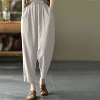 Pure Cotton Vintage Women 2024 Summer New Solid Color Elastic Waist Harlan Pants Loose Large Size All-match Casual Trousers 1
