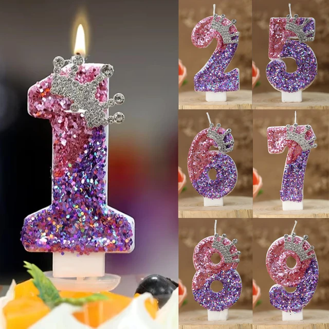 Bougies d'anniversaire 0-9 chiffres strass couronne paillettes filles gâteau décoratif rose violet bougie pour décoration de gâteau fête d'anniversaire 1