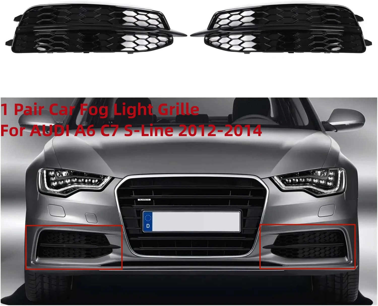 フロントグリル、A6L 2012-2015 ABSカーフロントラジエーターグリル、ブラックフレームシルバースタンダードハニカムメッシュスポーツグリルに適しています