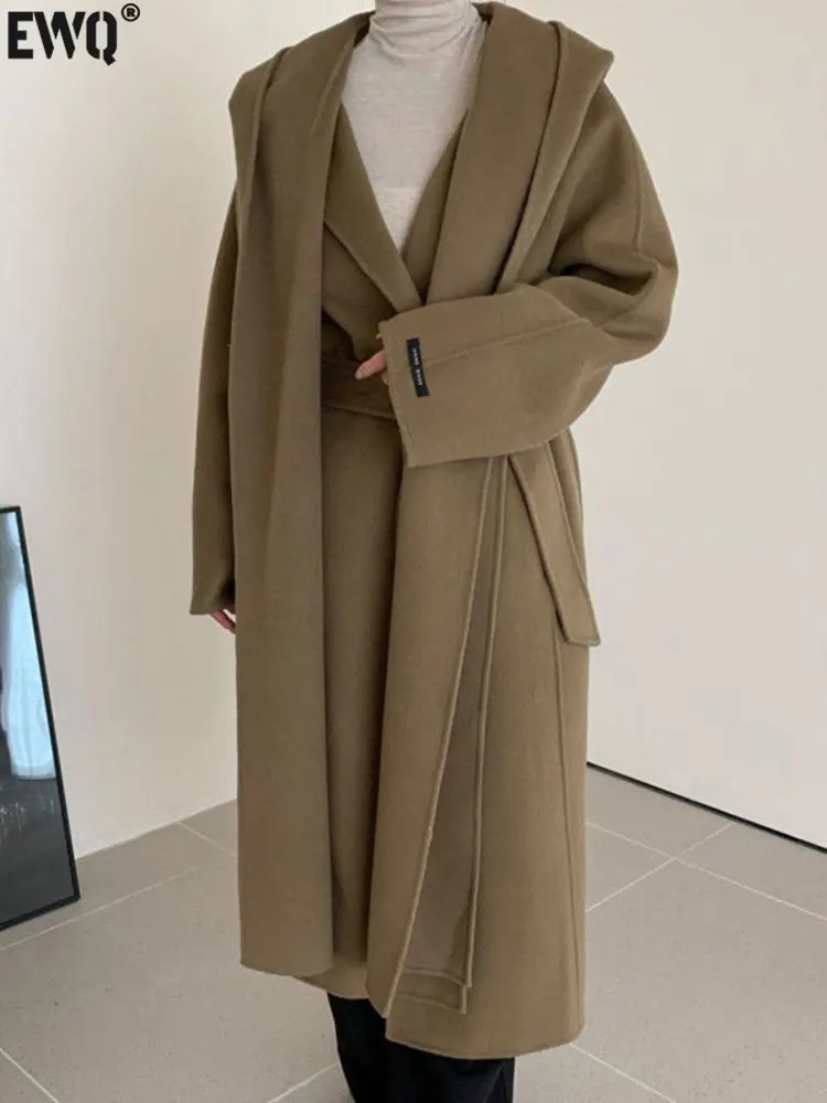 

[EWQ] Vintage Khaki Chic Women Woolen Coat Korean 2023 Spring Autumn Turndown Collar Long Sleeve Loose Top Female Wool Outerwear