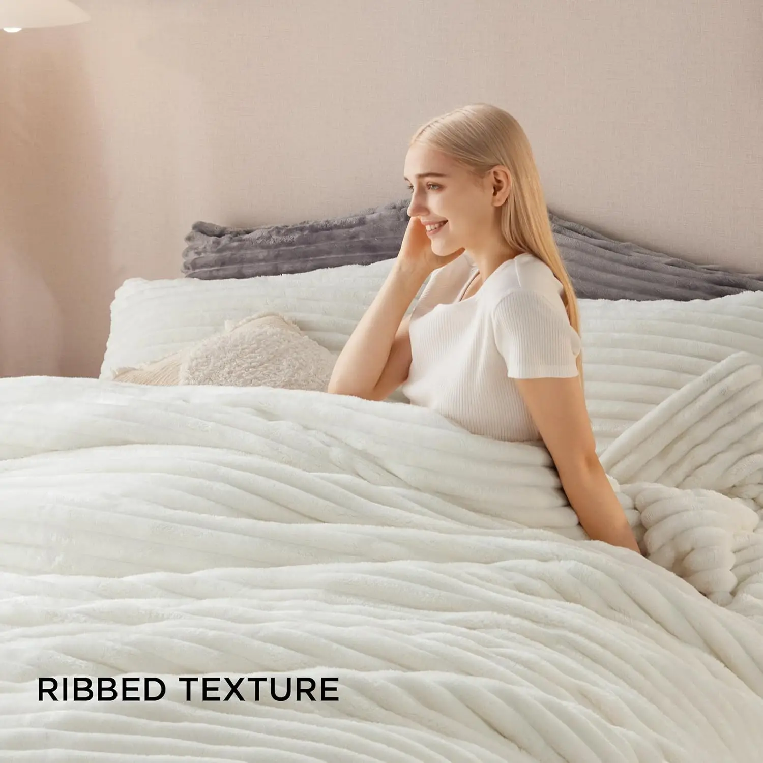 Bedsure Fluffy Comforter Set Queen - Super Soft Faux Fur Bed Set Cream White, Winter Warm Plush Fleece Bedding, 3 Pieces, 4