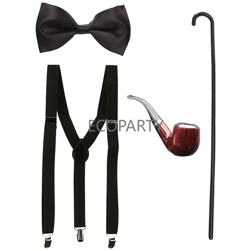 Cosplay hats 1960s Old Man Series Beret Hat Glasses Bow Tie Shoulder Strap Mustache Pipe Pocket Watch Crutch Eight Piece Dress Suit