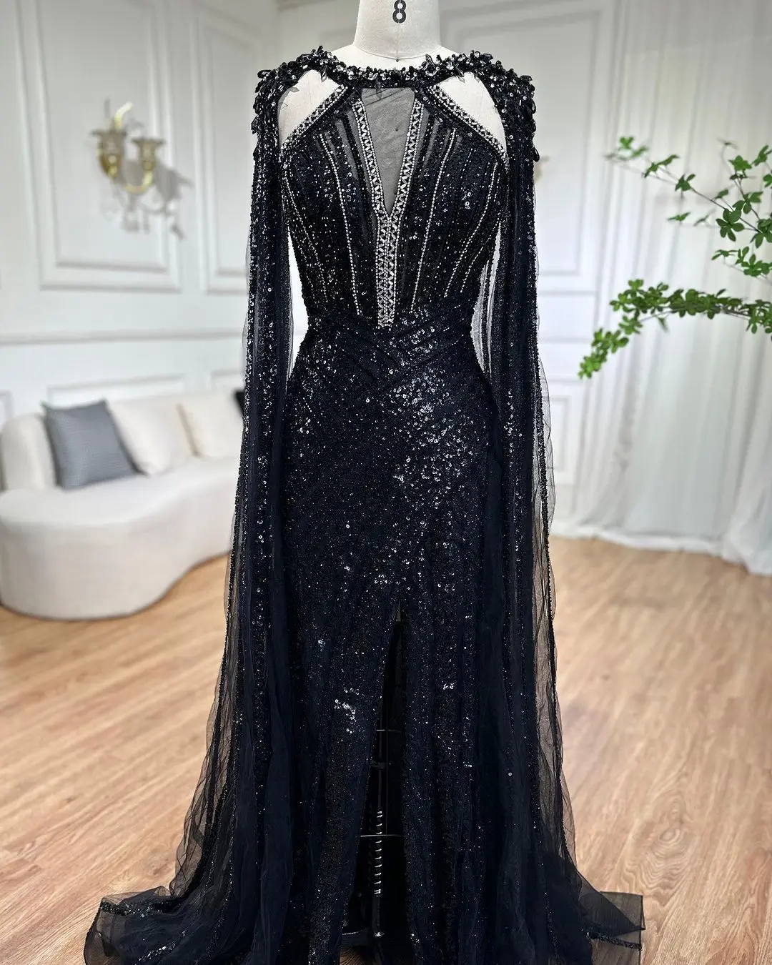 S3ecb672fd0db4f3e80414012590d66b5u Lilac Cape Sleeves Mermaid Luxury Beaded Evening Dresses Open Split Wedding Party Gowns For Women Mallzona