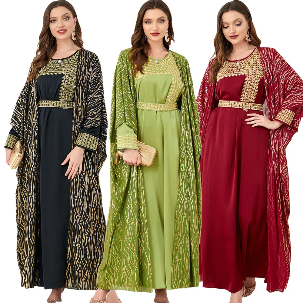 

Muslim Fashion Chic Abayas Elegant Luxury Woman Dress 2023 O-Neck Long Dresses 2 Piece Sets Embroidery Belted Kaftan Ramadan