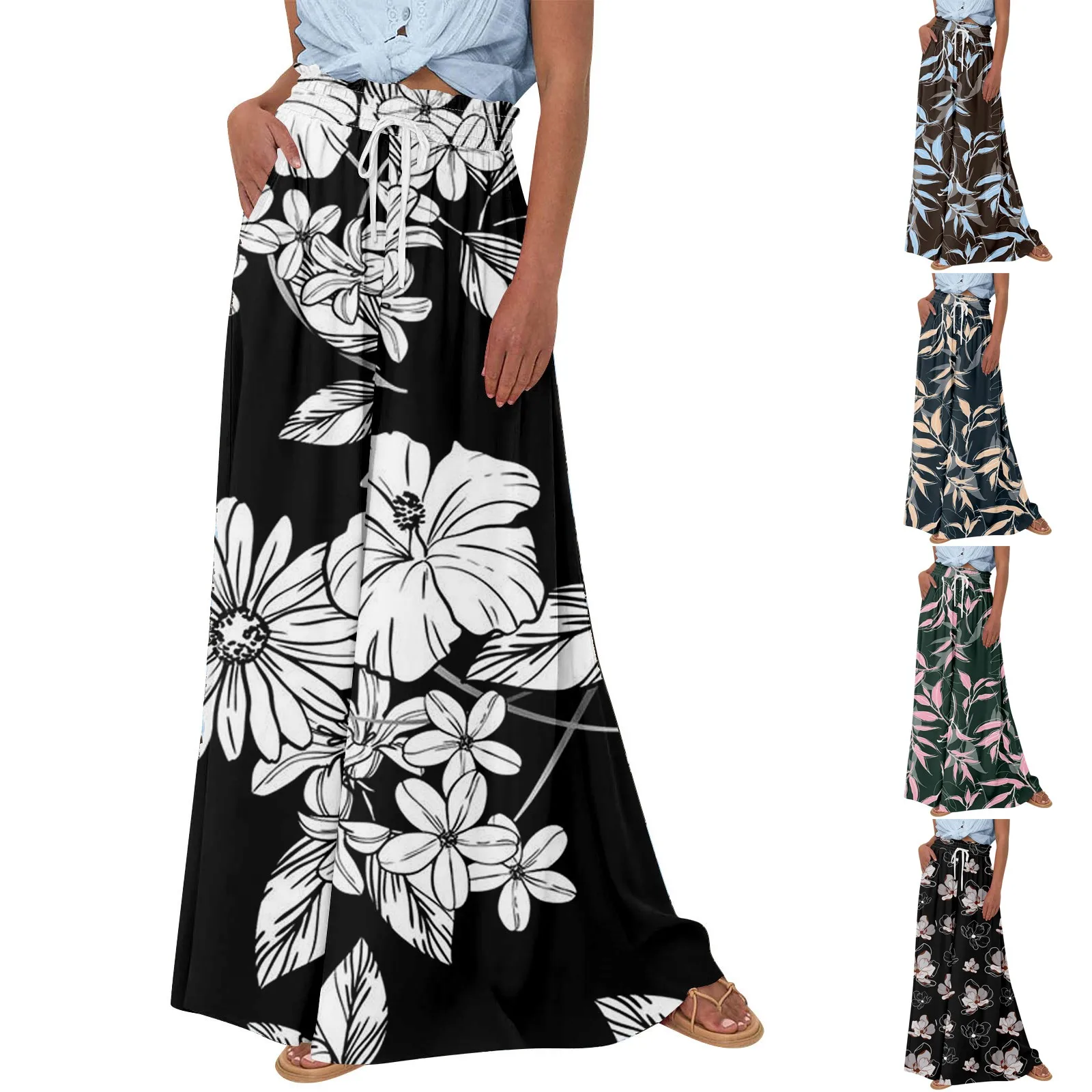 

Women's High Waisted Wide Leg Pants Summer Casual Flowing Pocket Pants Floral Printed Slim-Type Beach Pants ropa de mujer