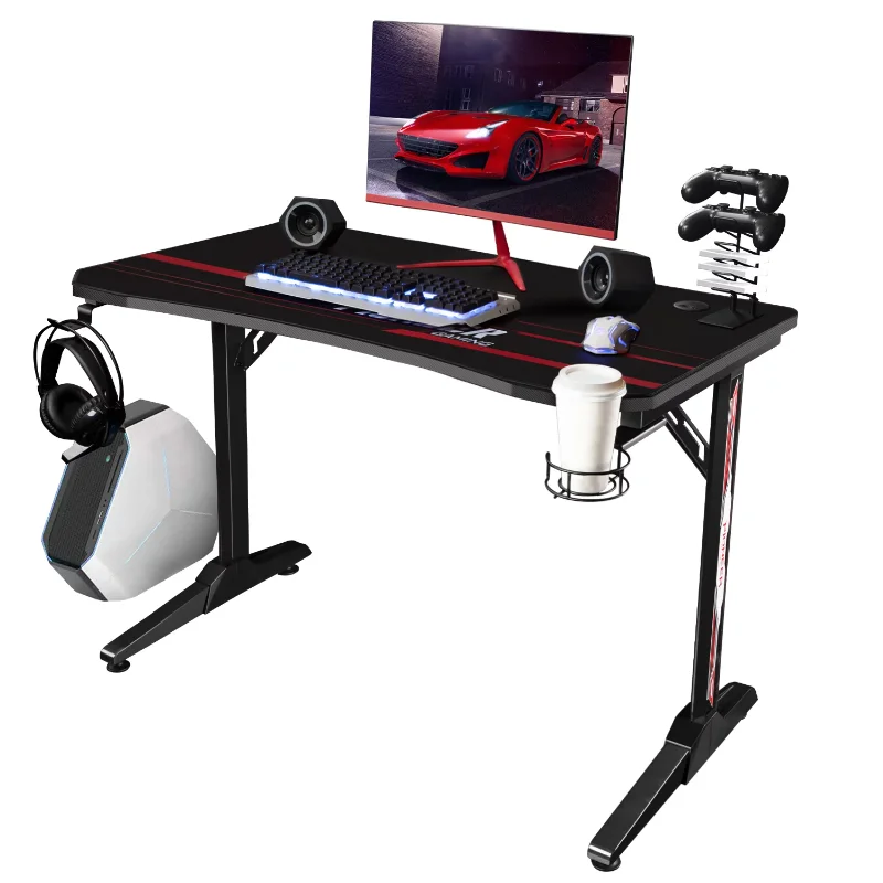 43-inch Gaming Desk T-Shaped Legs Carbon Fiber Surface PC Laptop Racing Computer Table with Cup Holder & Headphone Hook (Black)