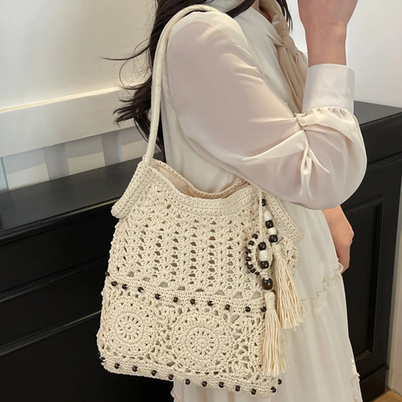 Weave Handbag Large Capacity Shoulder Bag Hollow out Tote Bag Crochet Tote Bohemia Woven Women bags Knitted Shopping Bags - Image 2