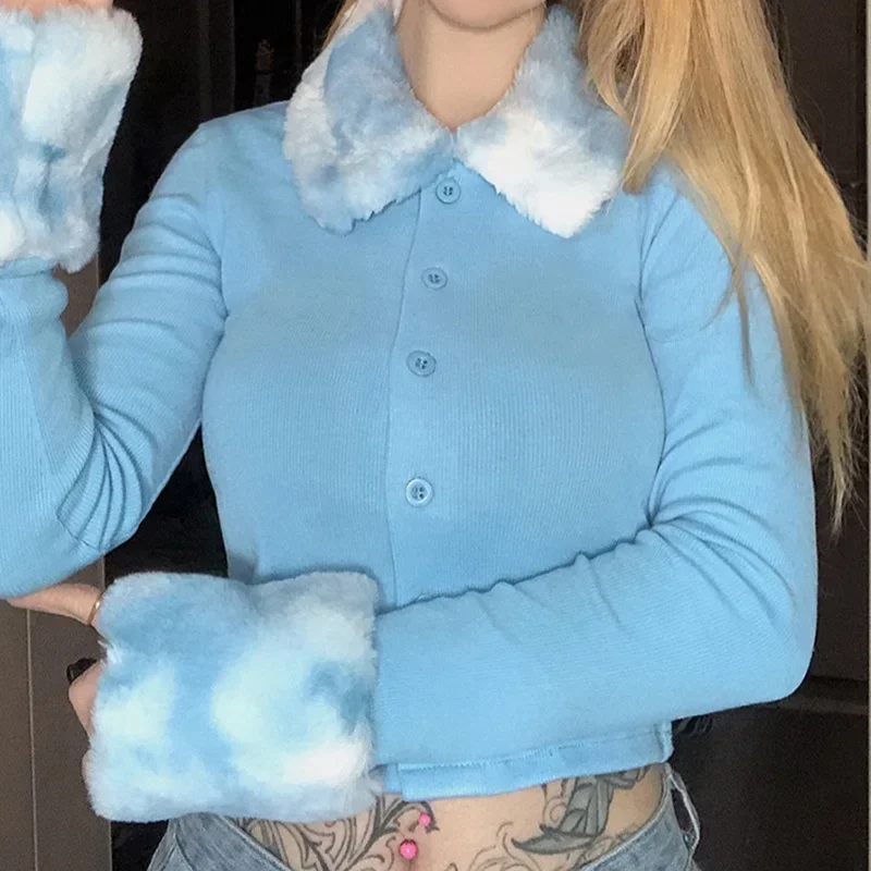 

Kawaii Knitwear 2021 Autumn Spring New Harajuku Y2K Knitted Cardigans Sweaters Fashion Fur Trim Collar Long Sleeve Jumpers Women