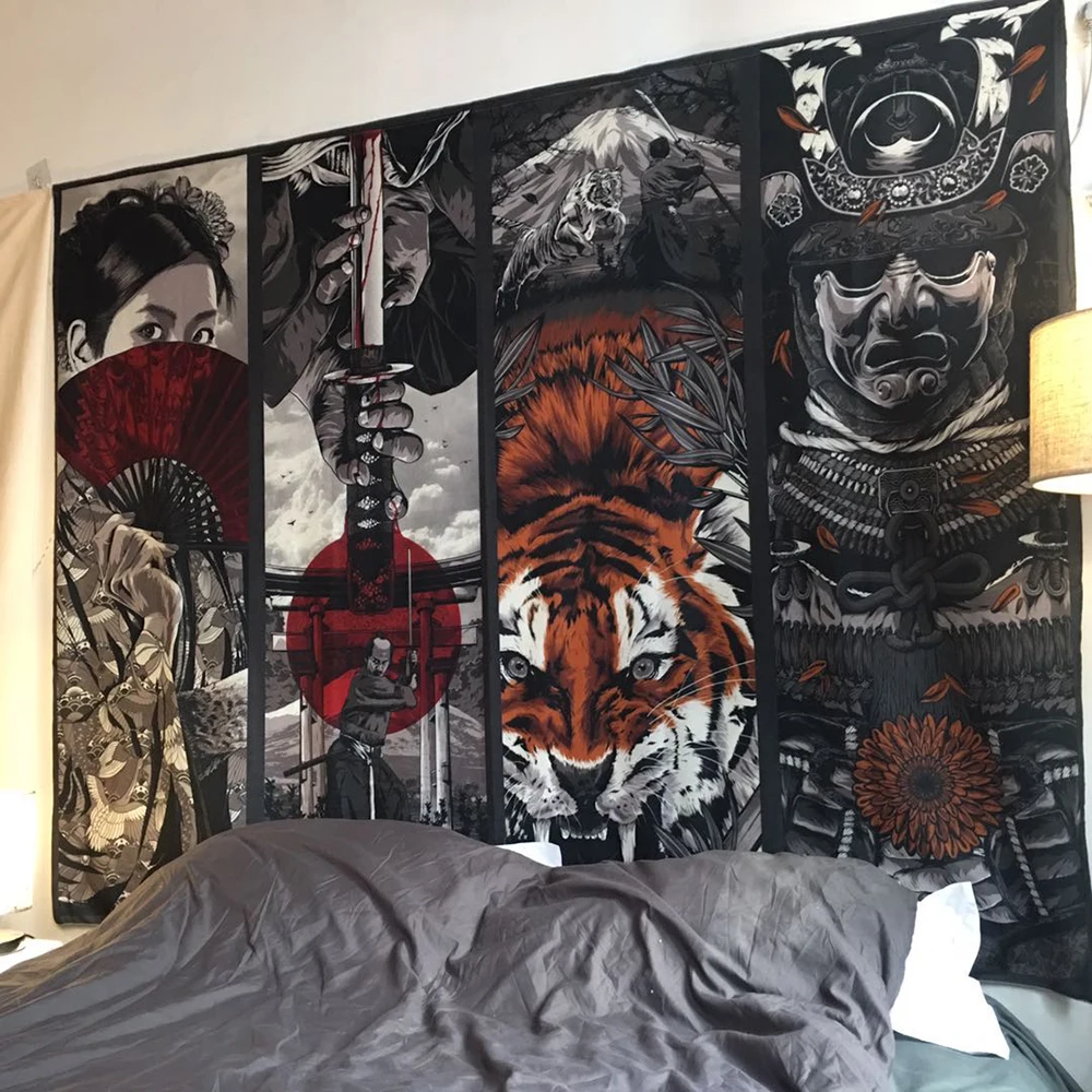 Japanese Style Samurai Sword Geisha Tiger Tapestry Hanging Large The Great Wave Moon Art Wall Decor Cloth Carpet Backdrop Tapestry Decor