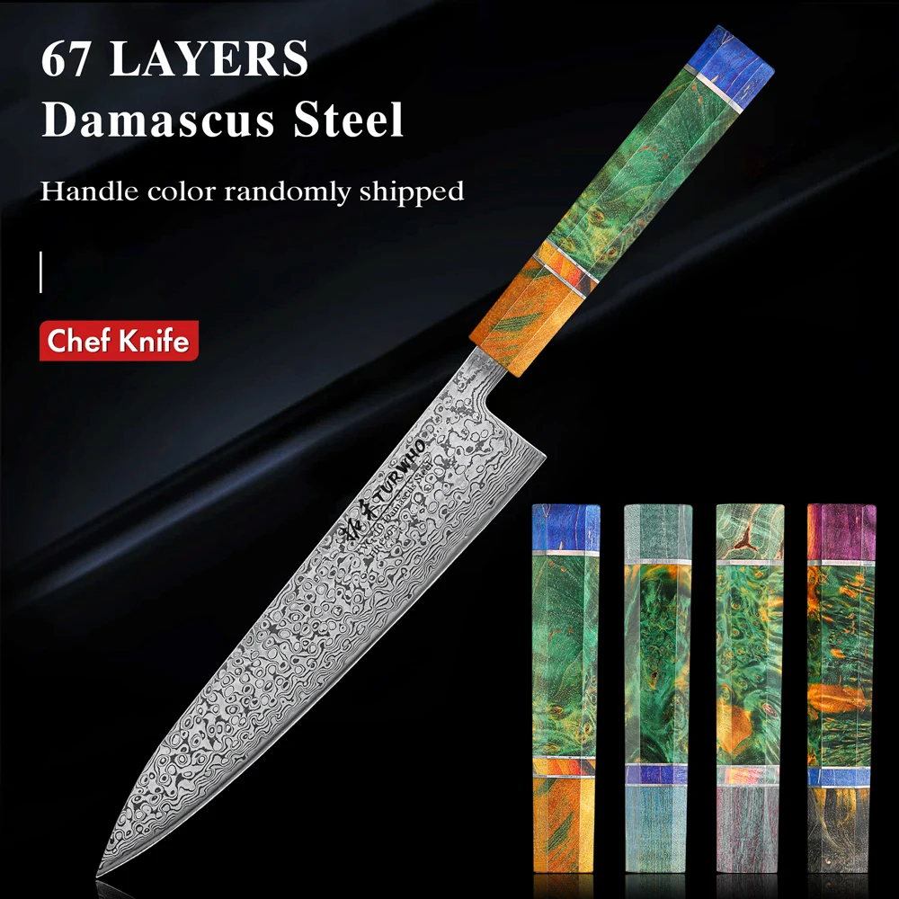 

Нож шеф-повара TURWHO Vg10, японский кухонный инструмент 8 дюймов, 67 слоев, стабилизированный, с деревянной ручкой, японская кухня