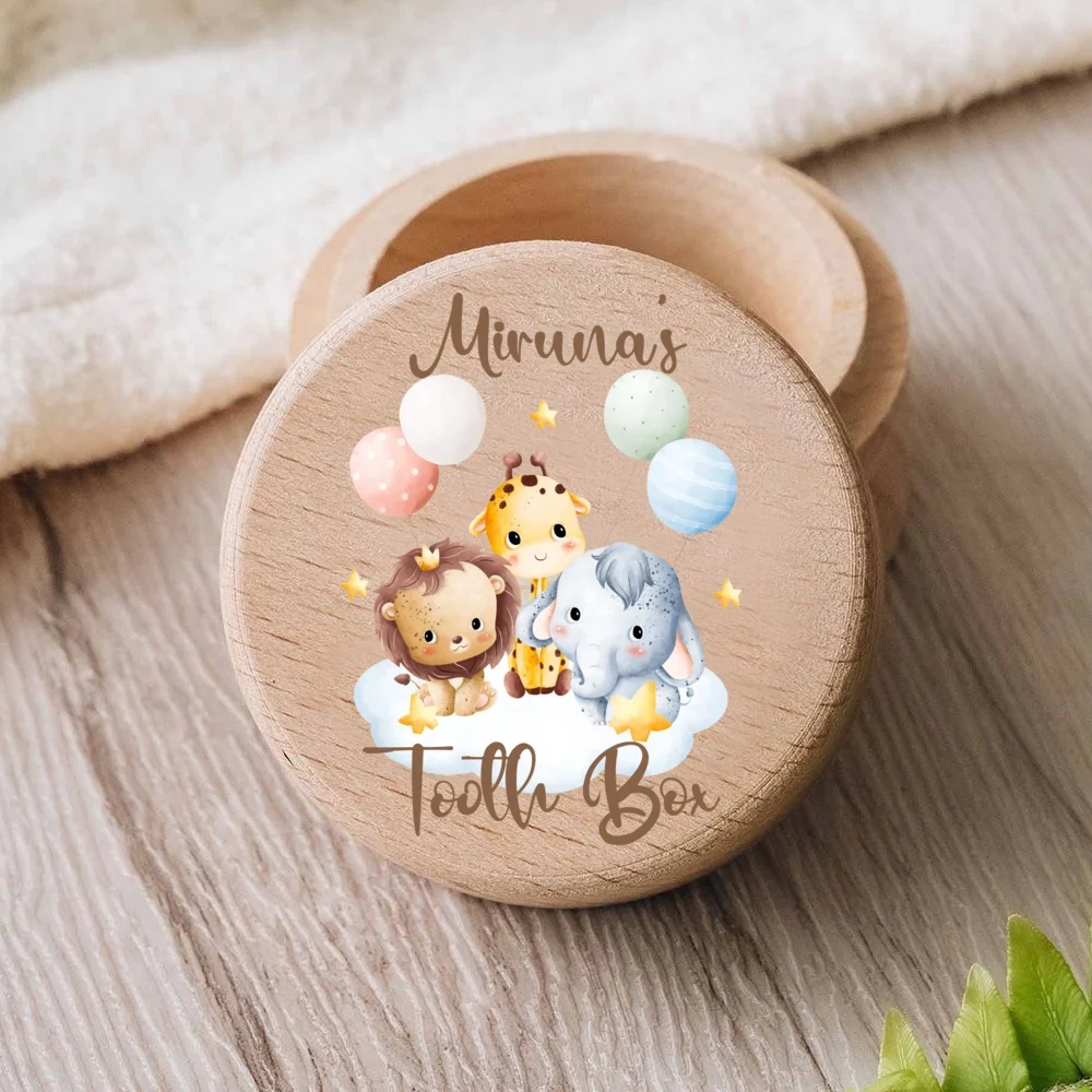 Personalised Baby Tooth Box Wooden Milk Teeth Storage Collect Teeth Umbilical Save Boxes Safari Animal with Name Keepsake Gift