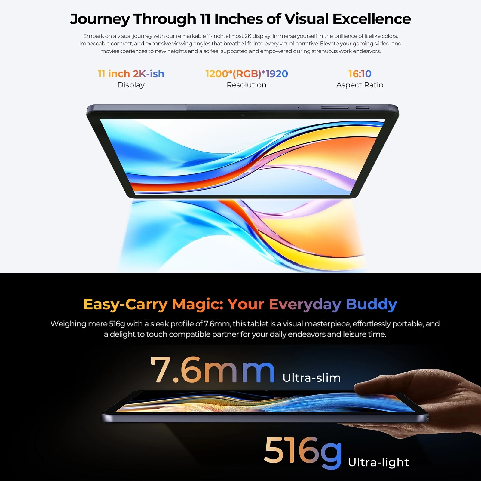 HOTWAV Pad 11 Tablet PC 6GB+256GB 11''FHD+ Display Android 13 8000mAh Large Battery 8MP+16MP Camera Lightweight 4G LTE Tablet PC