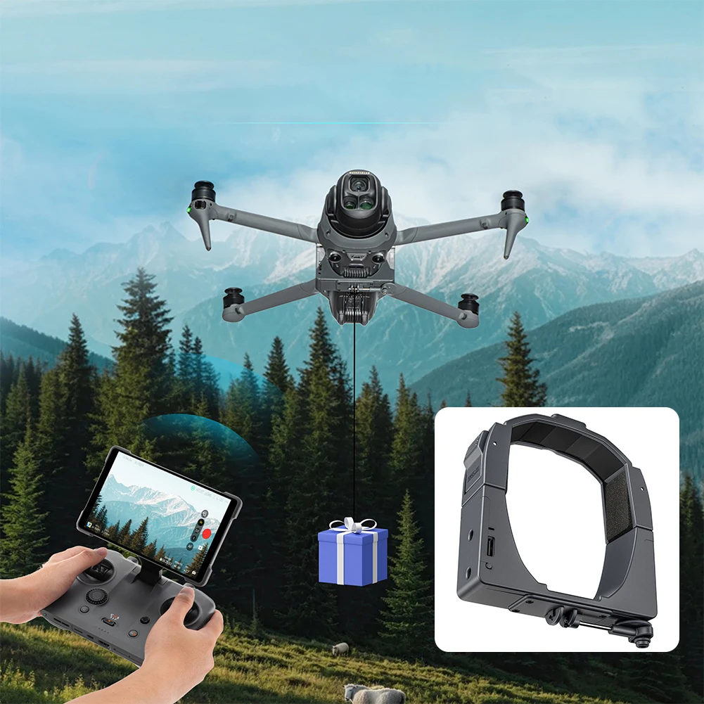 Drone jouet enfant avec système de largage aérien posé sur une table, prêt à décoller.