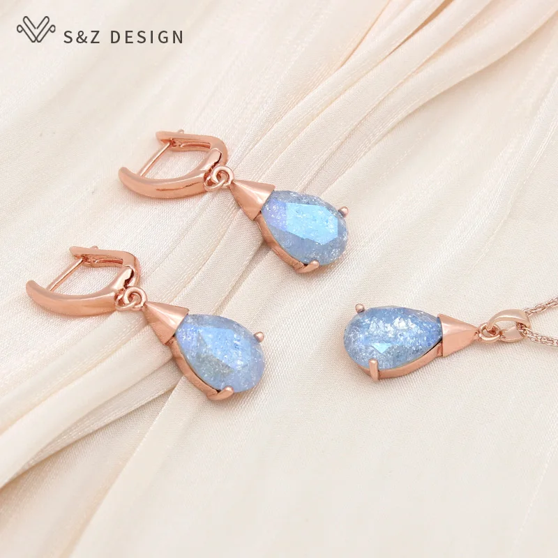 S&Z DESIGN New Elegant Water Drop Crystal Dangle Earrings Jewelry Sets For Women Personality Party Pendant Necklace
