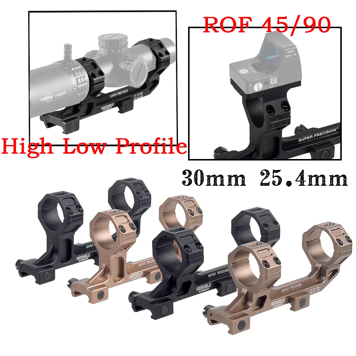 

High Low Profile Base GEISSELE Cantilever Scope Mount Rings 25.4mm 30mm Ring ROF 45 90 RAISER RMR Red Dot Super Precision AR15