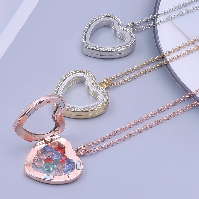 1Pc Mix Color Heart Glass Floating Locket Pendant Necklaces For