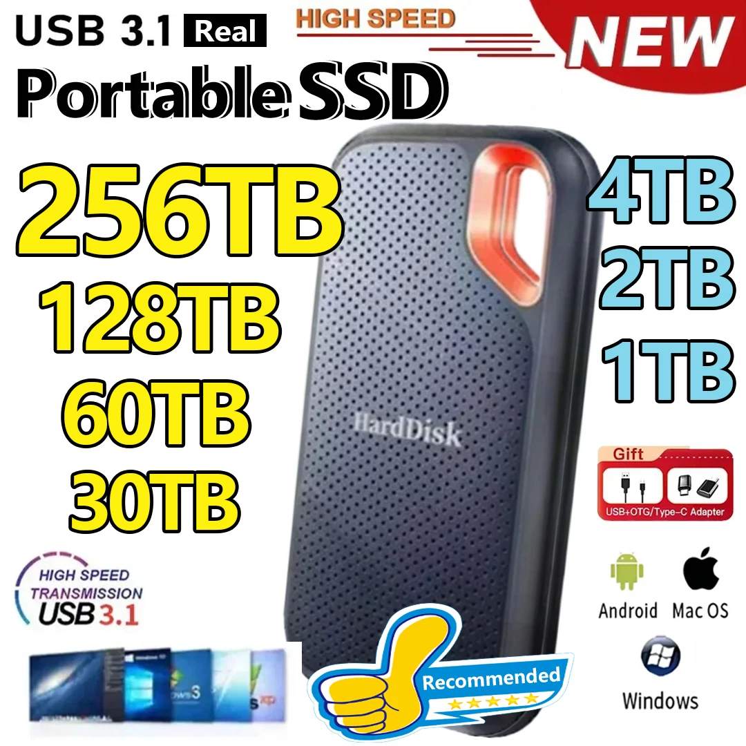 External hard drive 256TB High-speed SSD Portable Hard Drive 1TB Original Solid-state Drive External Storage USB3.0 Type-c Hard Disk for Laptops/MAC