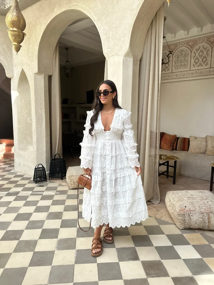 

Elegant White Hollow Out Lace Pleated Maxi Dress Women Chic V-neck Long Sleeves Loose Dresses 2024 High Street Vocation Vestido