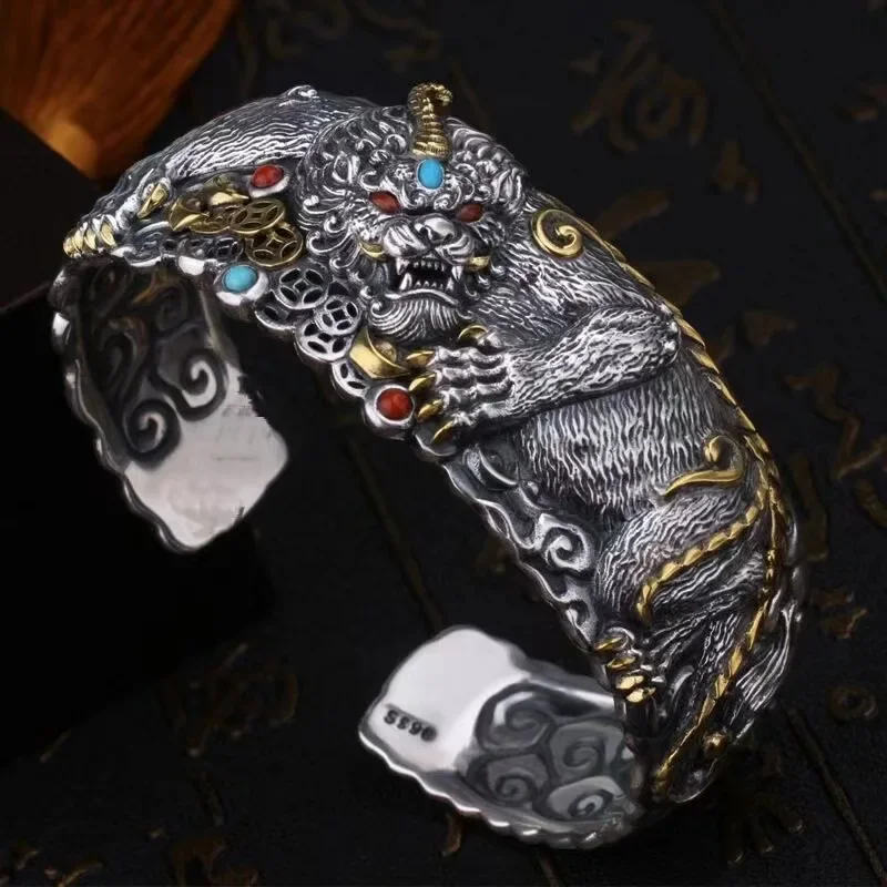 925 Silver Pixiu Tiger Bracelet Natural Jewelry Accessories Amulet Carved Stone Talismans Gifts Designer Bangle Real Gemstone