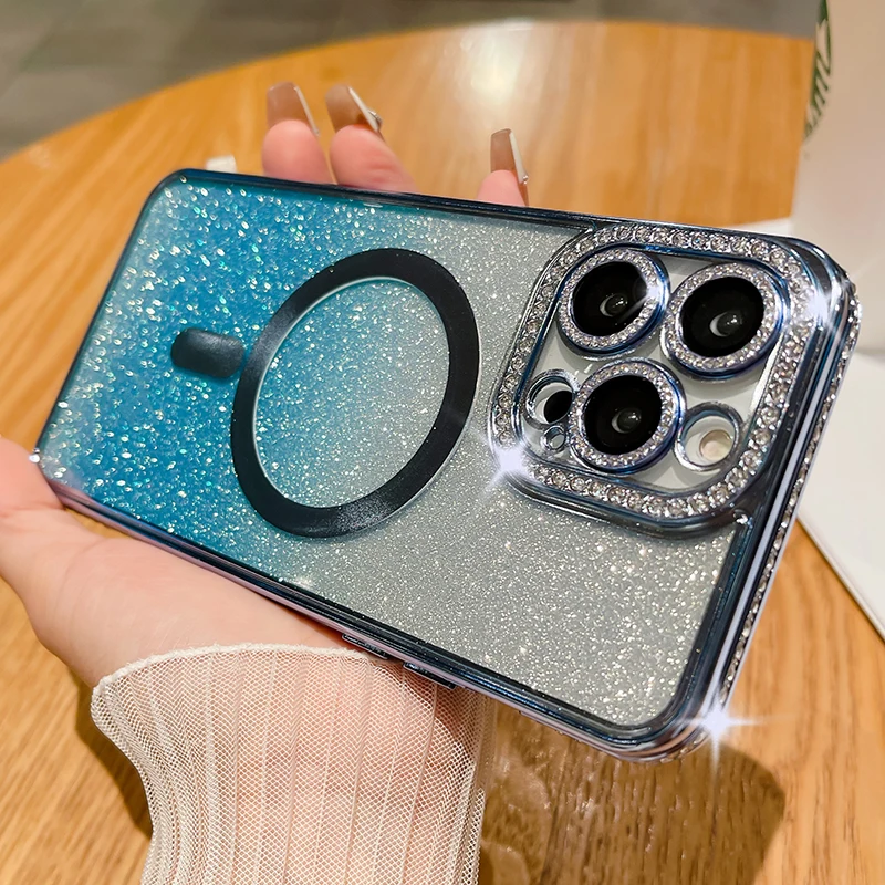 Luxo chapeamento de carregamento sem fio para magsafe caso para iphone 14 13 12 11 pro max plus gradiente cor glitter pára-choques capa casos_voghion.com
