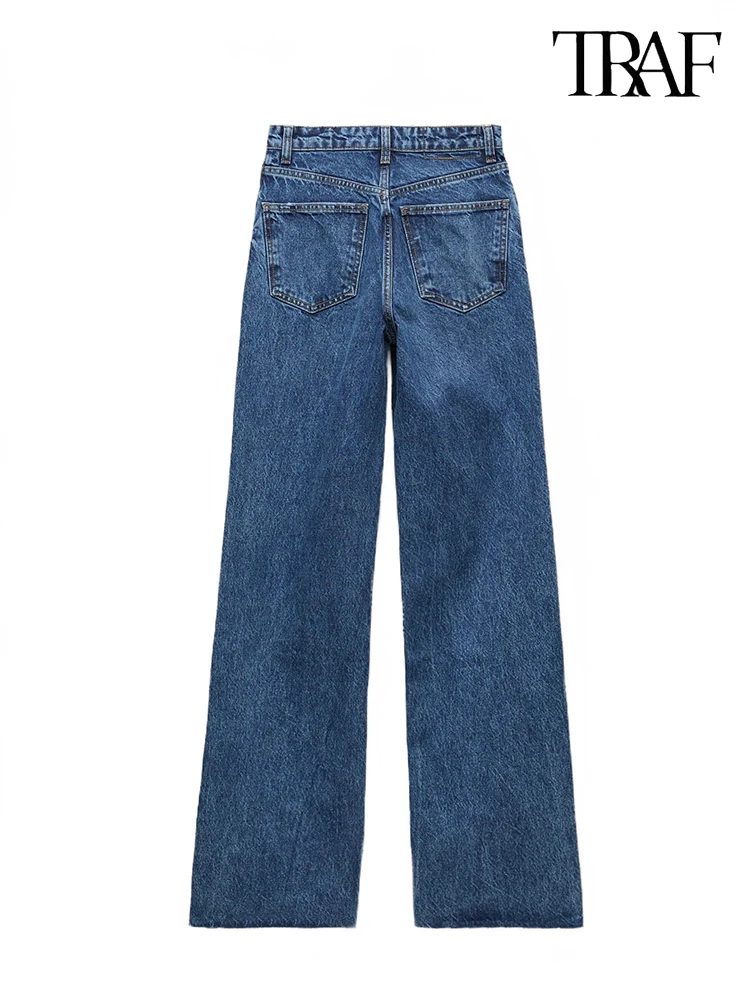 TRAFZA Women's Fashion Blue High Waist Loose Jeans Metal Zip Straight Trousers Streetwear Washed Effect Jeans Casual Commuter