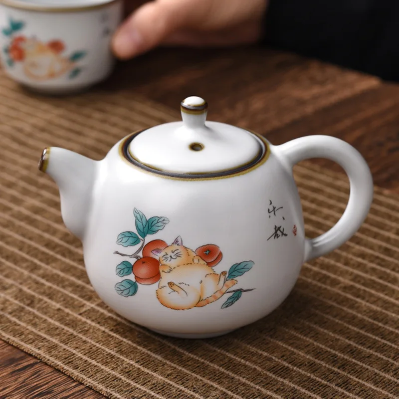 Traditional Ru Kiln Ceramic Teapots Handmade Cute Cat Pattern Kettle Travel Portable Filter Tea Pot Home Set Drinkware 270ml |