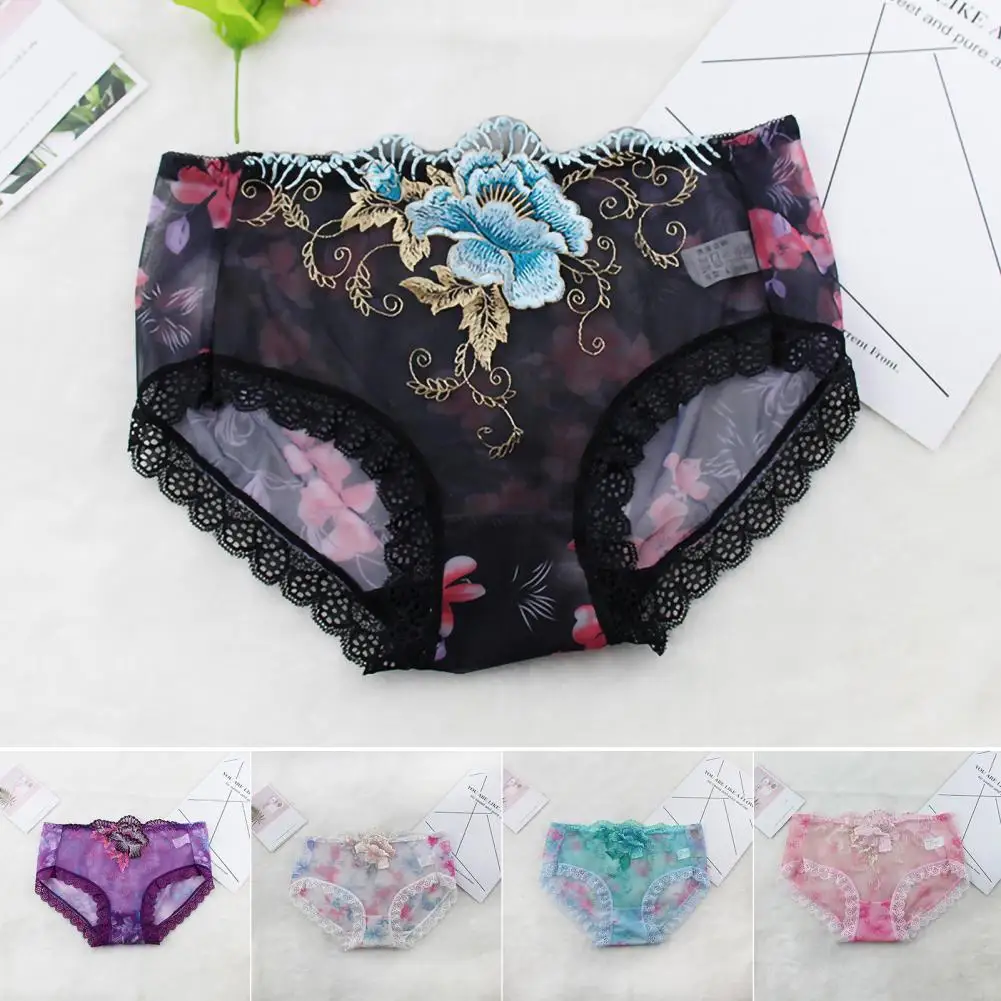 

Women Panties Rose Embroidery Flower Print Mid Waist Stretch See-through Lace Sexy Ladies Briefs Underpants Underwear Daily Wear