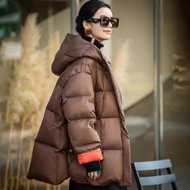Schinteon Women Down Jacket Casual Loose Over Size Warm Autumn Winter Outwear White Duck Down with Hood Fashion Coat 2024 New 5