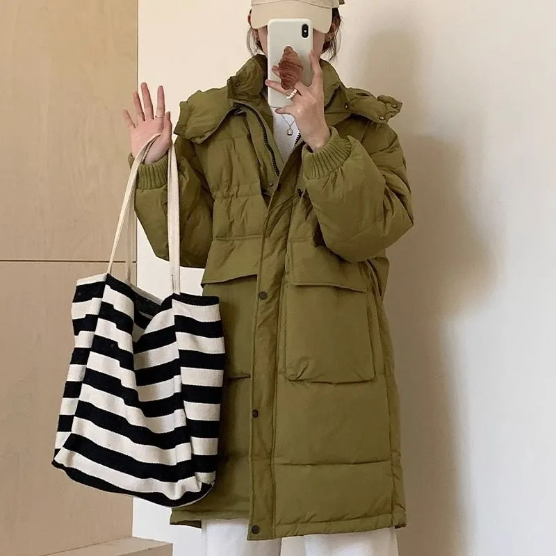 2023 New Women Down Jacket Winter Coat Female Mid Length Version Parkas Loose Thick Warm Outwear Hooded Leisure Time Overcoat